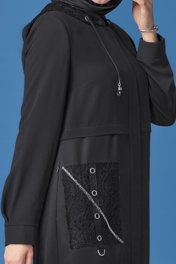 Hijab clothing BLACK ALVINA TOPCOAT WITH STRIPE ACCESSORY T 10399 - TRENDTESETTÜR