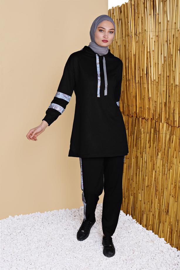Tesettür giyim SİYAH ŞERİT DETAYLI PANTOLONLU  EŞOFMAN TAKIM 4656  - TRENDTESETTÜR
