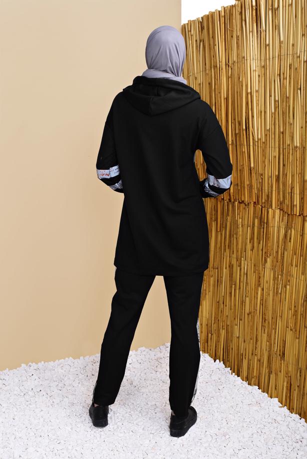 Tesettür giyim SİYAH ŞERİT DETAYLI PANTOLONLU  EŞOFMAN TAKIM 4656  - TRENDTESETTÜR