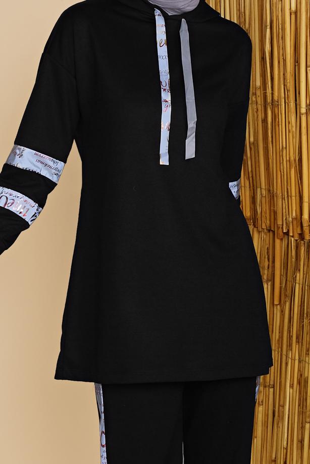 Tesettür giyim SİYAH ŞERİT DETAYLI PANTOLONLU  EŞOFMAN TAKIM 4656  - TRENDTESETTÜR