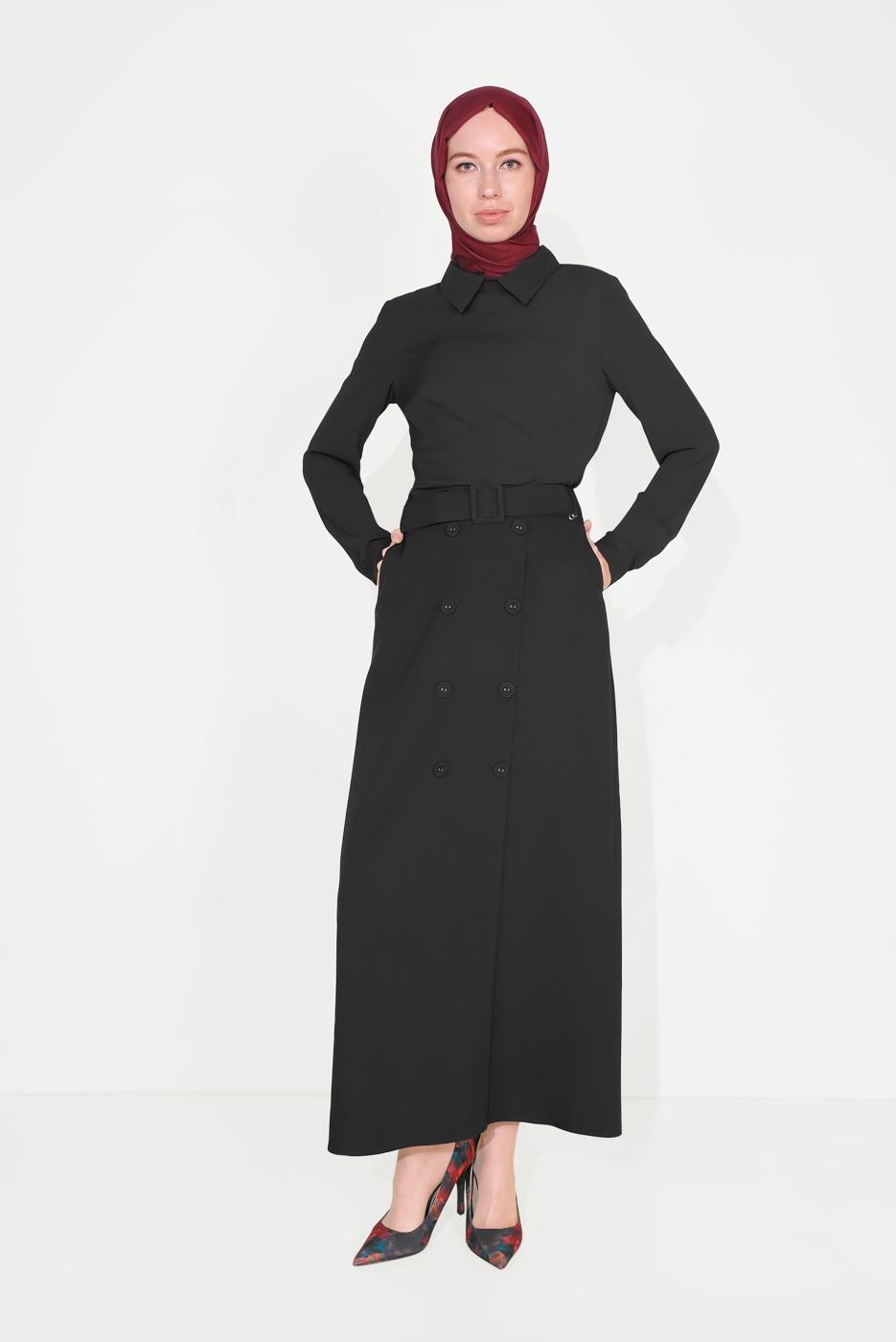 Tesettür giyim SİYAH DÜĞME DETAYLI CEPLİ ETEK T 60090
