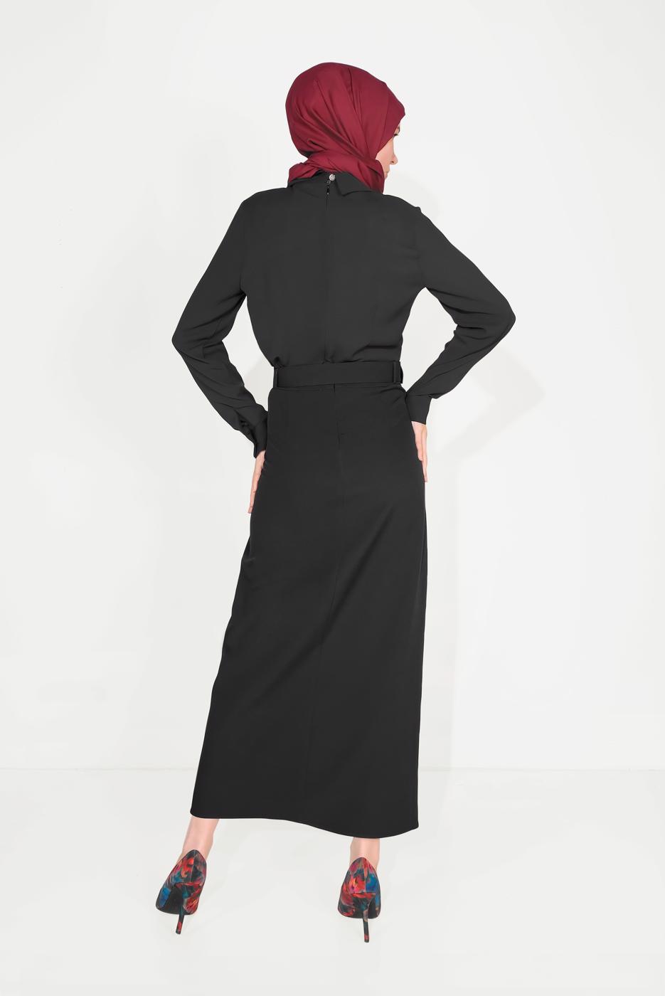 Tesettür giyim SİYAH DÜĞME DETAYLI CEPLİ ETEK T 60090