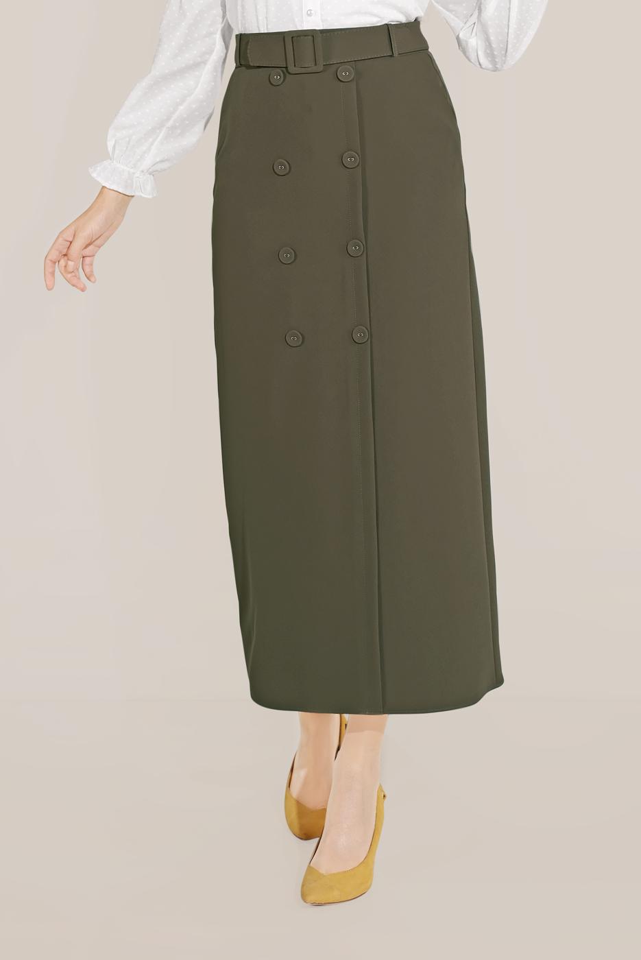 Tesettür giyim HAKİ DÜĞME DETAYLI CEPLİ ETEK T 60090