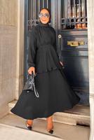 Tesettür giyim SİYAH DRAPELİ KUŞAKLI ETEKLİ TAKIM 0710 