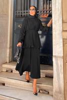 Tesettür giyim SİYAH DRAPELİ KUŞAKLI ETEKLİ TAKIM 0710 