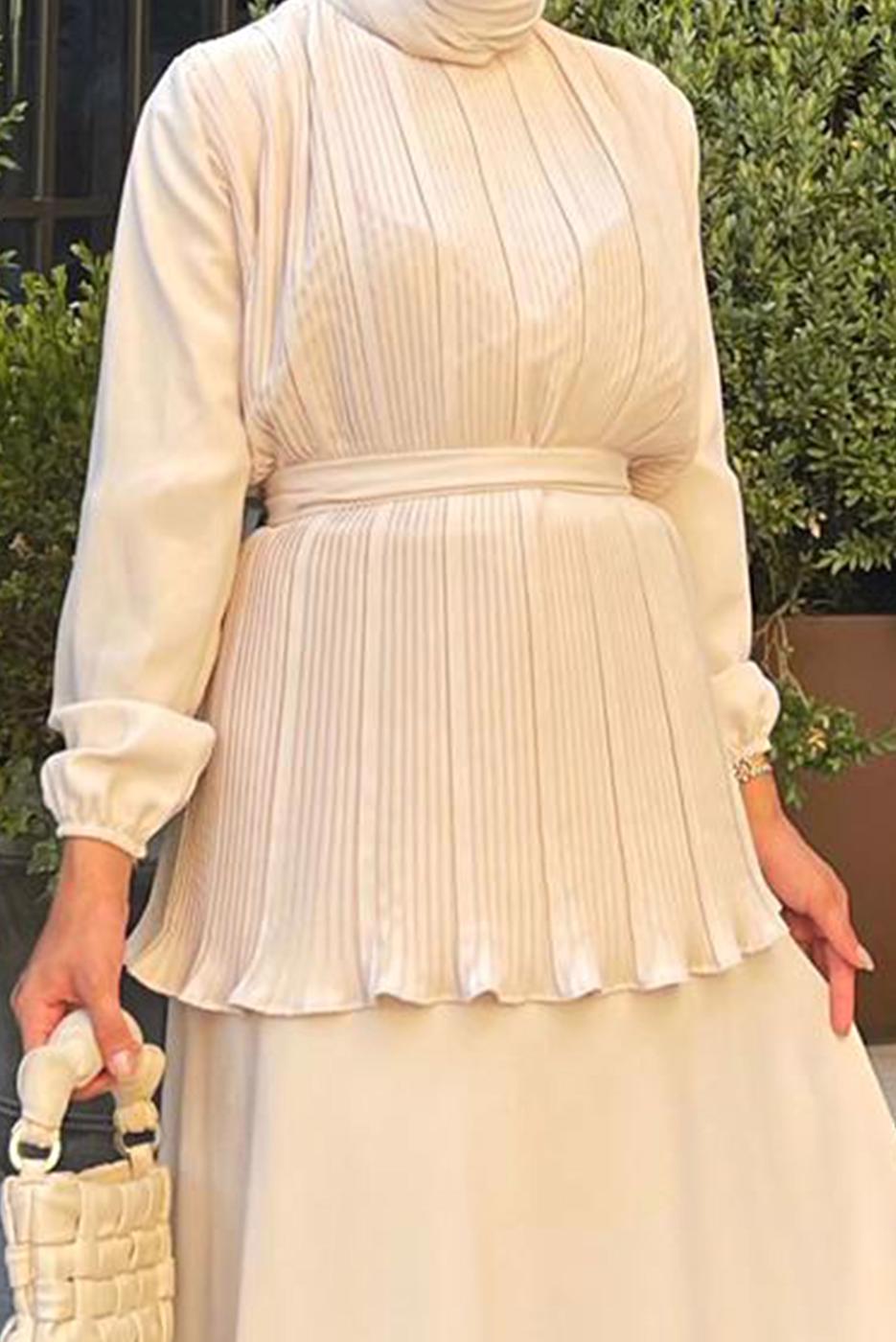 Tesettür giyim BEJ DRAPELİ KUŞAKLI ETEKLİ TAKIM 0710 