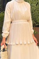 Tesettür giyim BEJ DRAPELİ KUŞAKLI ETEKLİ TAKIM 0710 