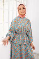 Tesettür giyim MAVİ ÇİÇEK DESENLİ İKİLİ ETEKLİ TAKIM 1610