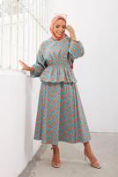 Tesettür giyim MAVİ ÇİÇEK DESENLİ İKİLİ ETEKLİ TAKIM 1610