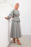 Tesettür giyim MAVİ ÇİÇEK DESENLİ İKİLİ ETEKLİ TAKIM 1610