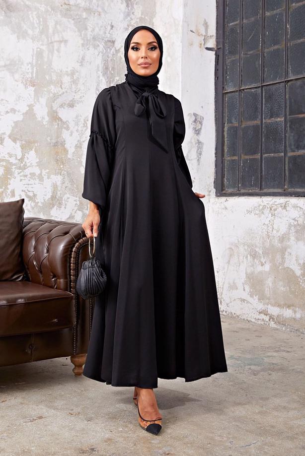 Vêtements hijab NOIR COSTUME 2 PIÈCES AVEC ROBE À VOLANTS 7110 - TRENDTESETTÜR