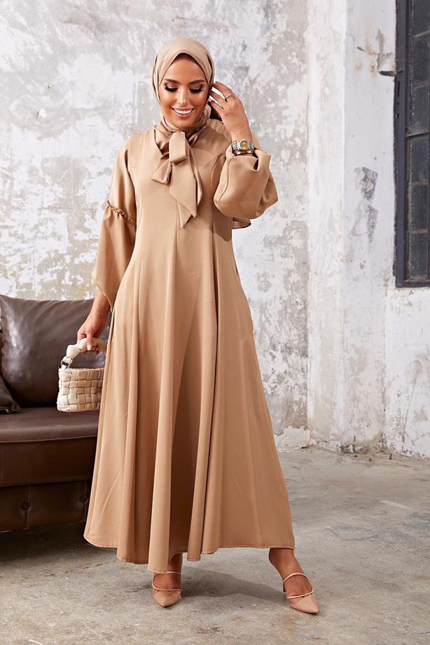 Vêtements hijab BRUN COSTUME 2 PIÈCES AVEC ROBE À VOLANTS 7110 - TRENDTESETTÜR