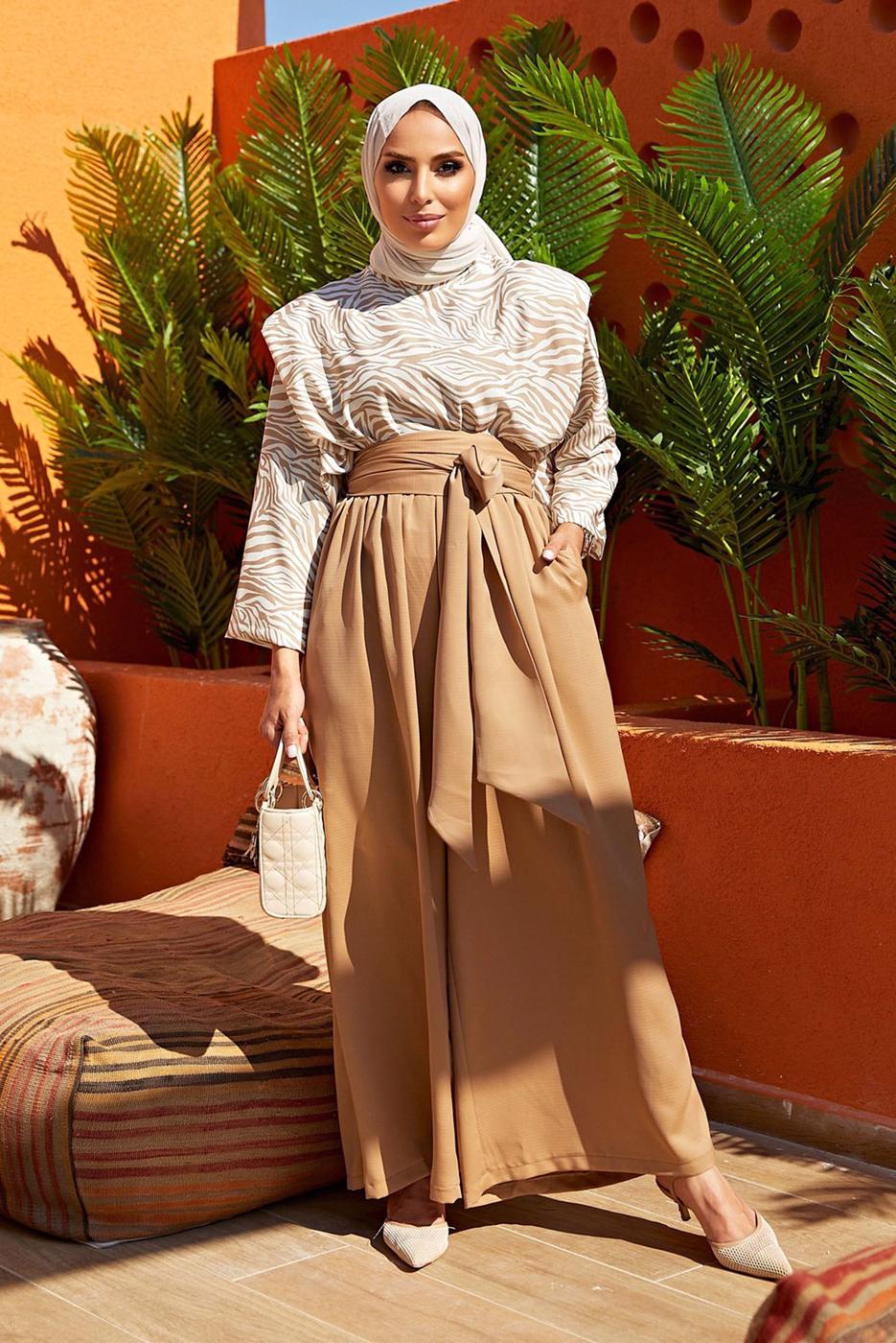 Tesettür giyim VİZON ZEBRA DESENLİ İKİLİ PANTOLONLU TAKIM  50000  