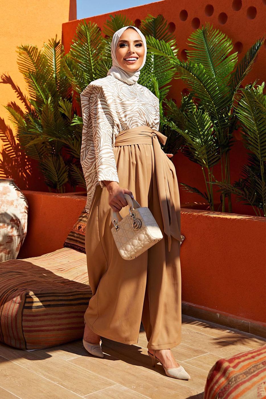 Tesettür giyim VİZON ZEBRA DESENLİ İKİLİ PANTOLONLU TAKIM  50000  