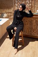 Tesettür giyim SİYAH BAĞLAMA DETAYLI VATKALI İKİLİ PANT. TAKIM 730000 