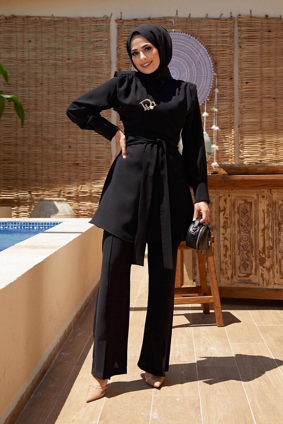 Tesettür giyim SİYAH BAĞLAMA DETAYLI VATKALI İKİLİ PANT. TAKIM 730000 