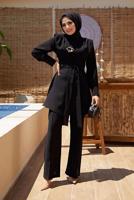 Tesettür giyim SİYAH BAĞLAMA DETAYLI VATKALI İKİLİ PANT. TAKIM 730000 