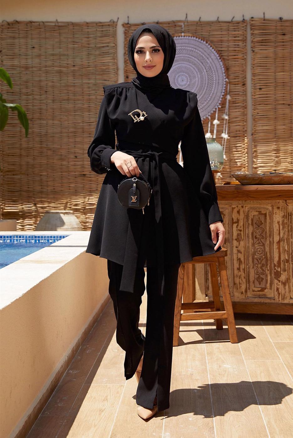 Tesettür giyim SİYAH BAĞLAMA DETAYLI VATKALI İKİLİ PANT. TAKIM 730000 