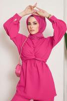 Tesettür giyim FUŞYA BAĞLAMA DETAYLI VATKALI İKİLİ PANT. TAKIM 730000 