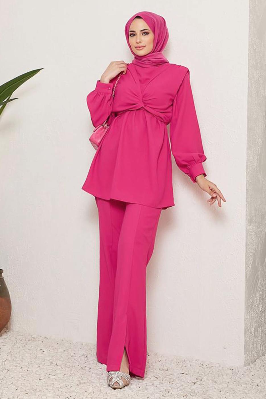 Tesettür giyim FUŞYA BAĞLAMA DETAYLI VATKALI İKİLİ PANT. TAKIM 730000 