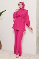 Tesettür giyim FUŞYA BAĞLAMA DETAYLI VATKALI İKİLİ PANT. TAKIM 730000 