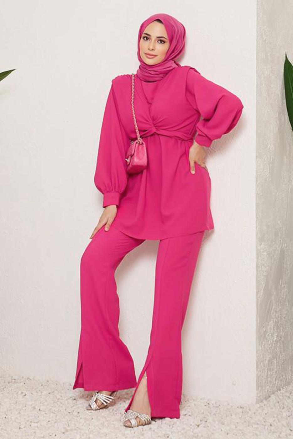 Tesettür giyim FUŞYA BAĞLAMA DETAYLI VATKALI İKİLİ PANT. TAKIM 730000 