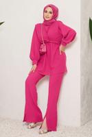 Tesettür giyim FUŞYA BAĞLAMA DETAYLI VATKALI İKİLİ PANT. TAKIM 730000 