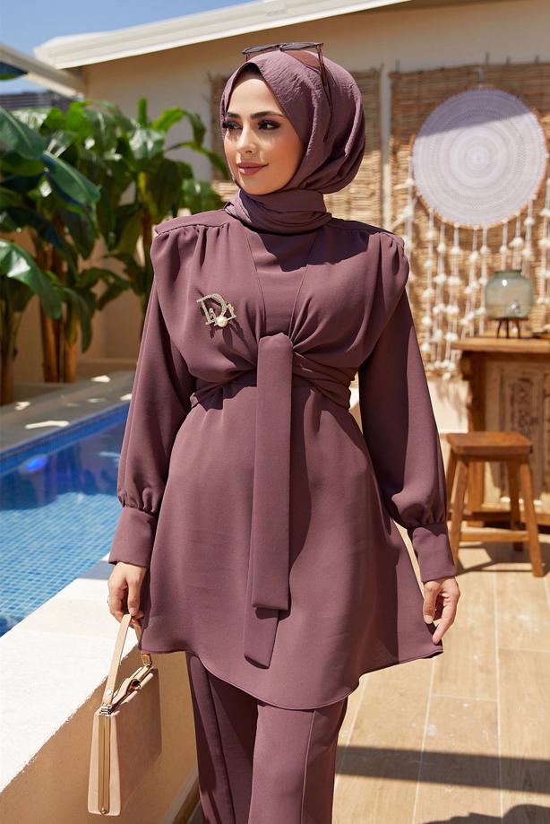 Hijab clothing  TIE DETAIL PADDED 2-PIECE PANTS SUIT 730000  - TRENDTESETTÜR