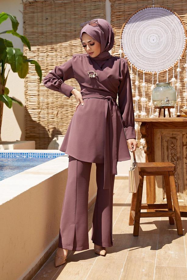 Hijab clothing  TIE DETAIL PADDED 2-PIECE PANTS SUIT 730000  - TRENDTESETTÜR
