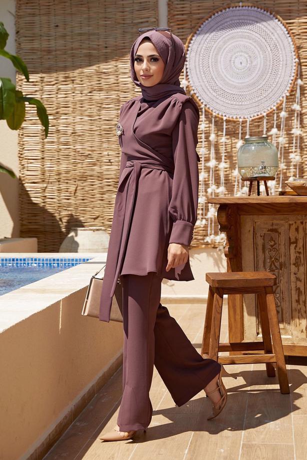 Hijab clothing  TIE DETAIL PADDED 2-PIECE PANTS SUIT 730000  - TRENDTESETTÜR