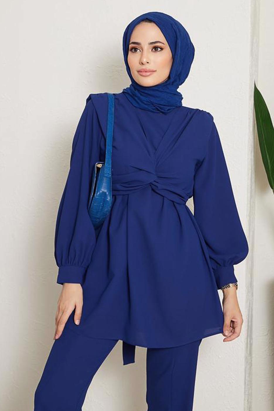 Tesettür giyim LACİVERT BAĞLAMA DETAYLI VATKALI İKİLİ PANT. TAKIM 730000 
