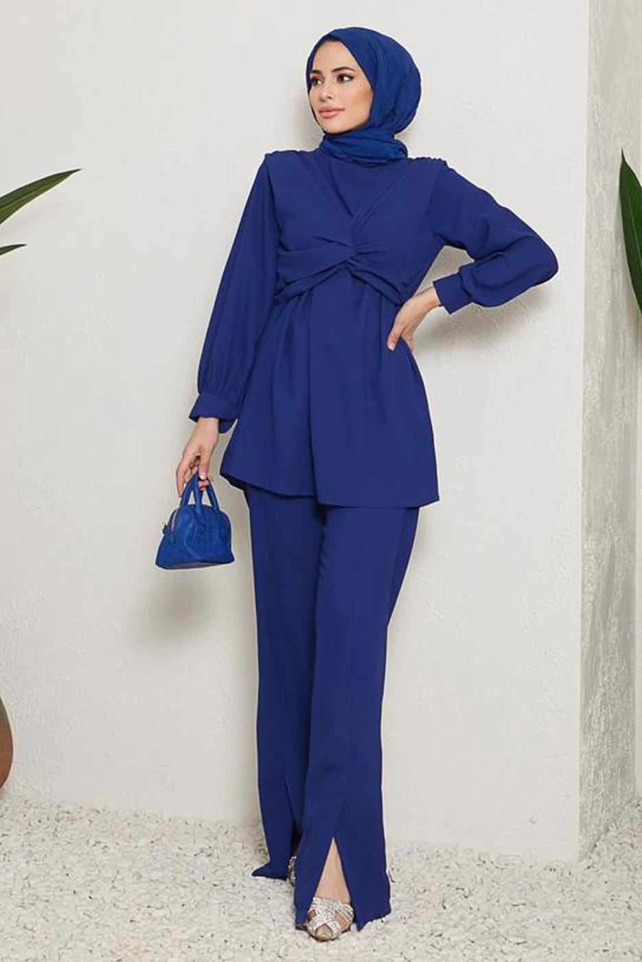 Tesettür giyim LACİVERT BAĞLAMA DETAYLI VATKALI İKİLİ PANT. TAKIM 730000 