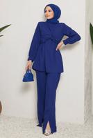 Tesettür giyim LACİVERT BAĞLAMA DETAYLI VATKALI İKİLİ PANT. TAKIM 730000 