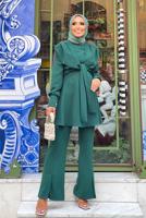 Tesettür giyim YEŞİL BAĞLAMA DETAYLI VATKALI İKİLİ PANT. TAKIM 730000 