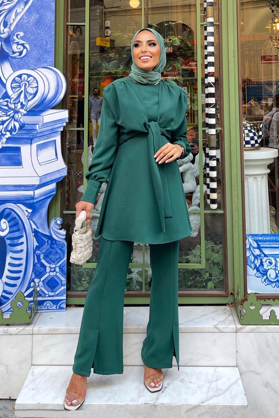 Tesettür giyim YEŞİL BAĞLAMA DETAYLI VATKALI İKİLİ PANT. TAKIM 730000 