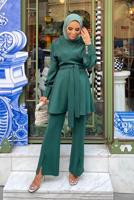 Tesettür giyim YEŞİL BAĞLAMA DETAYLI VATKALI İKİLİ PANT. TAKIM 730000 