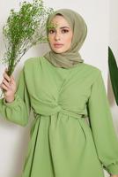 Tesettür giyim YEŞİL BAĞLAMA DETAYLI VATKALI İKİLİ PANT. TAKIM 730000 