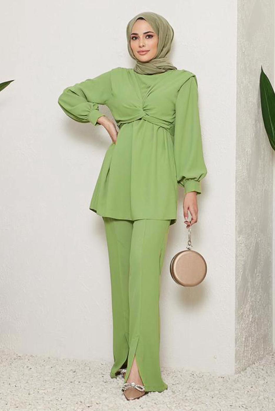 Tesettür giyim YEŞİL BAĞLAMA DETAYLI VATKALI İKİLİ PANT. TAKIM 730000 
