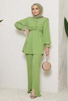 Tesettür giyim YEŞİL BAĞLAMA DETAYLI VATKALI İKİLİ PANT. TAKIM 730000 