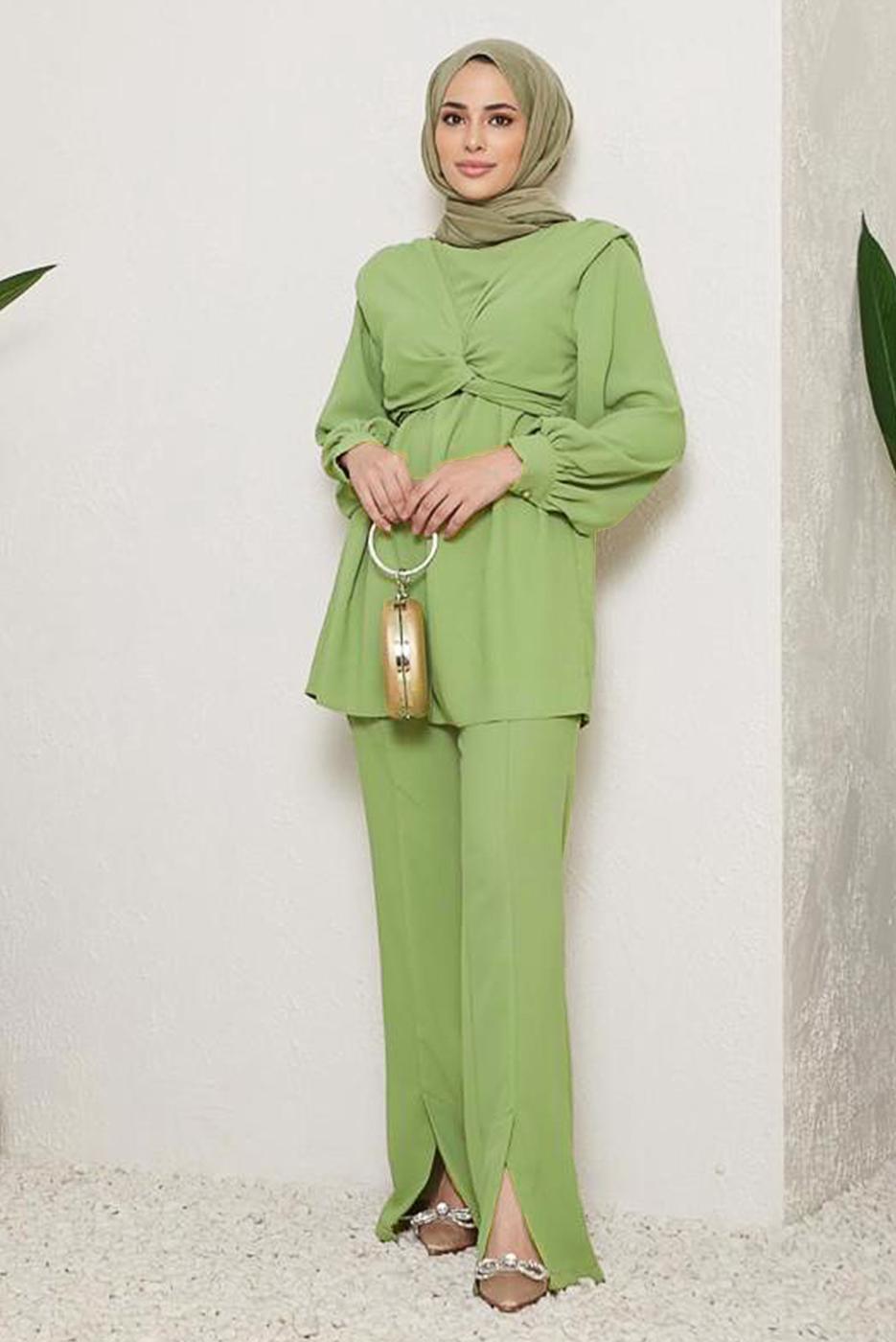 Tesettür giyim YEŞİL BAĞLAMA DETAYLI VATKALI İKİLİ PANT. TAKIM 730000 