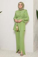 Tesettür giyim YEŞİL BAĞLAMA DETAYLI VATKALI İKİLİ PANT. TAKIM 730000 