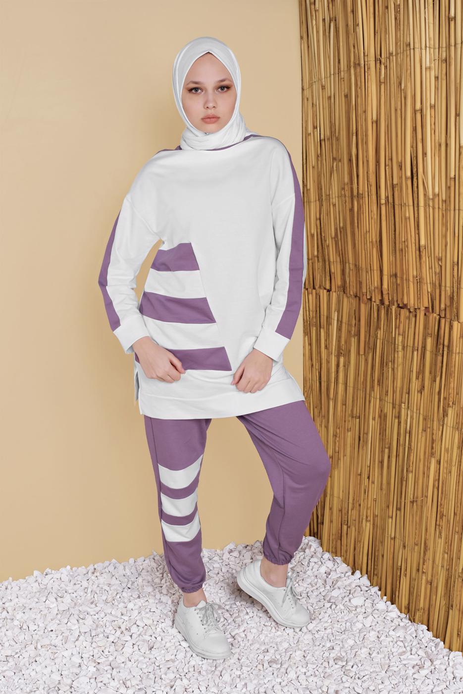 Vêtements hijab POURPRE SURVÊTEMENT AVEC PANTALON À RAYURES 11402
