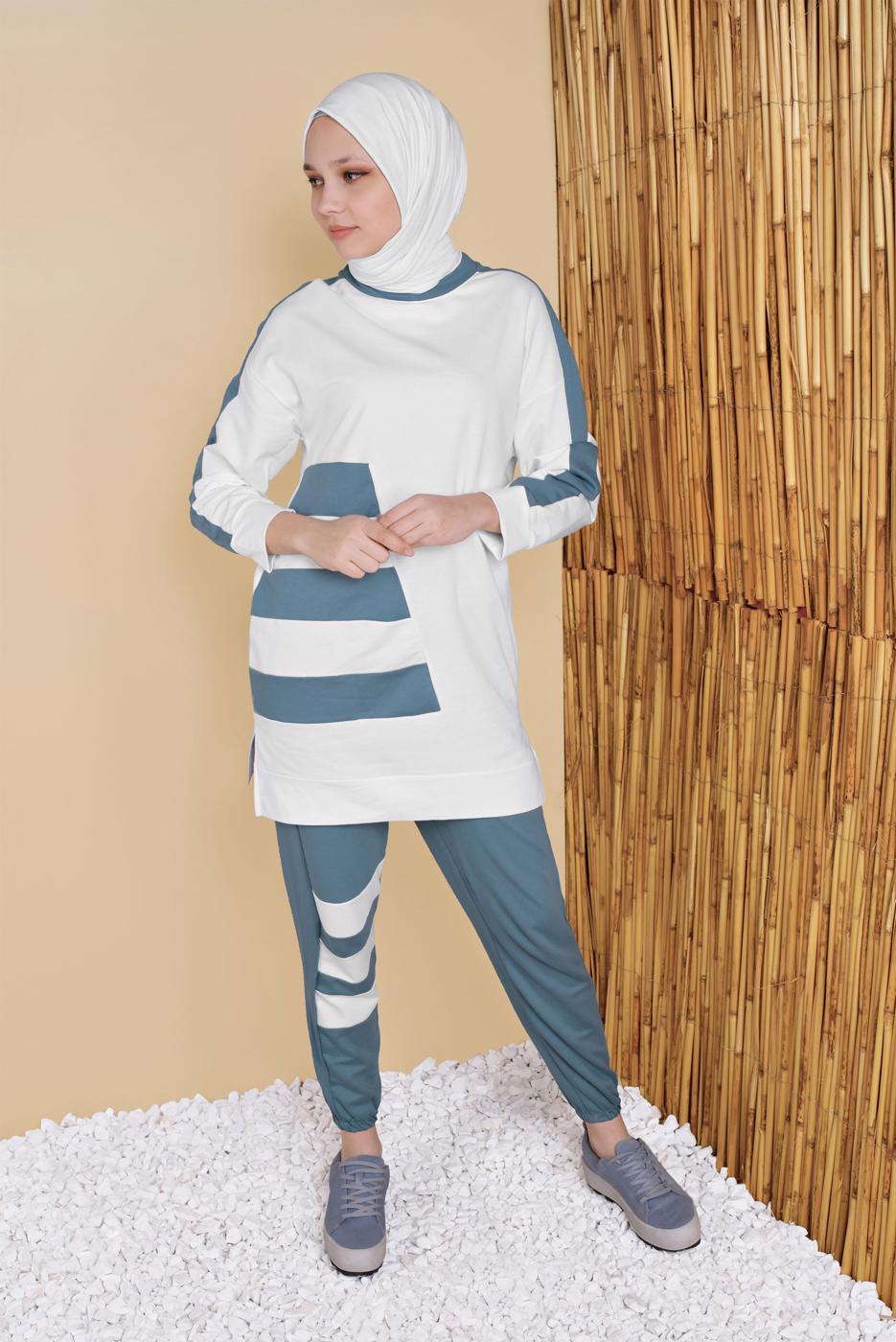 Hijab clothing BLUE STRIPED TRACKSUIT SET WITH PANTS 11402 