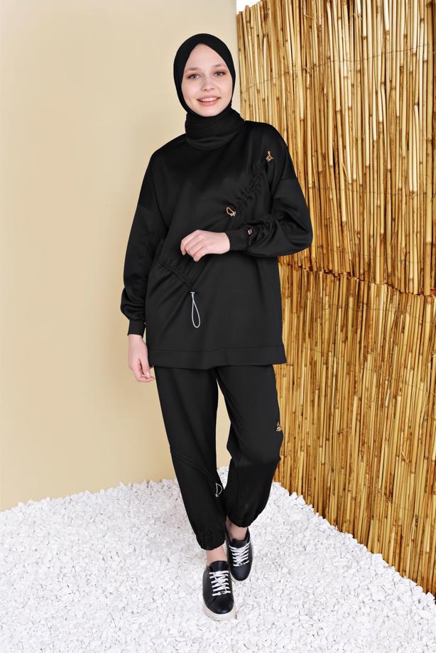 Vêtements hijab  SMOCKING DETAIL 2-PIECE SUIT WITH PANTS 57402 - TRENDTESETTÜR