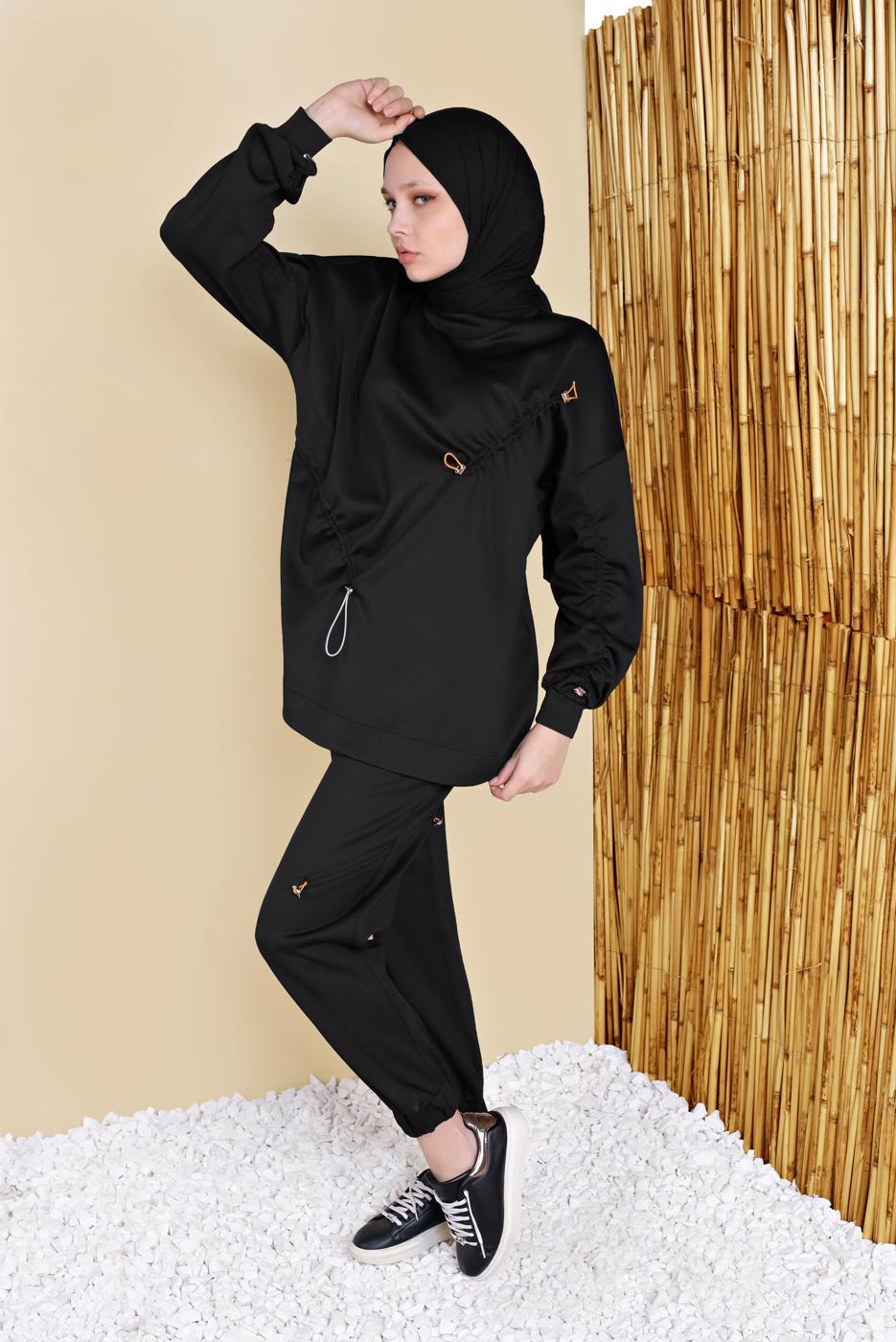 Hijab clothing BLACK SMOCKING DETAIL 2-PIECE SUIT WITH PANTS 57402
