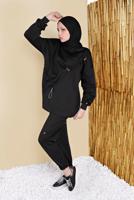Tesettür giyim SİYAH BÜZGÜ DETAYLI İKİLİ PANTOLONLU TAKIM 57402