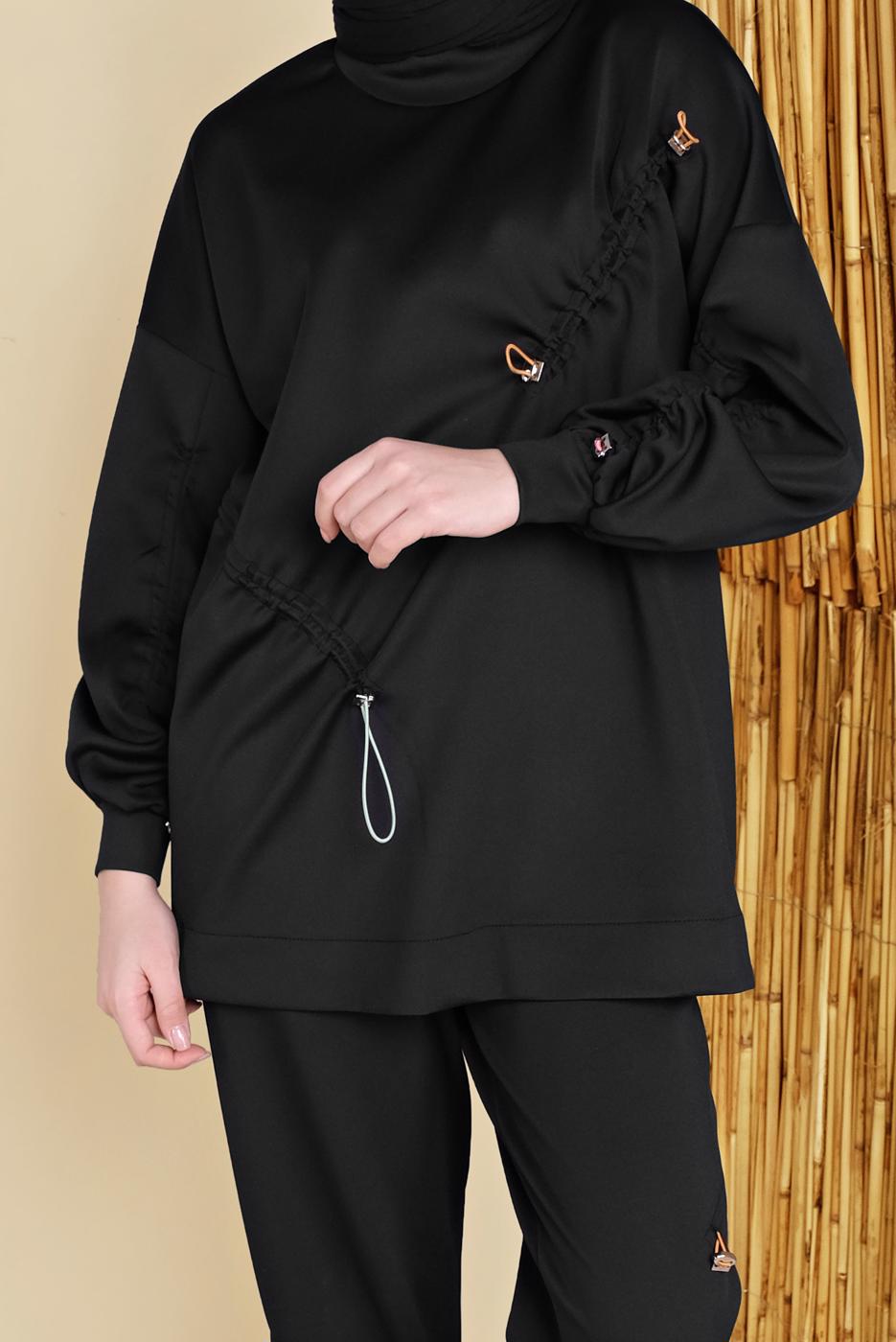 Hijab clothing BLACK SMOCKING DETAIL 2-PIECE SUIT WITH PANTS 57402
