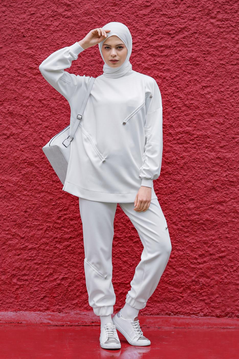 Tesettür giyim BEYAZ BÜZGÜ DETAYLI İKİLİ PANTOLONLU TAKIM 57402