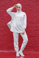 Tesettür giyim BEYAZ BÜZGÜ DETAYLI İKİLİ PANTOLONLU TAKIM 57402