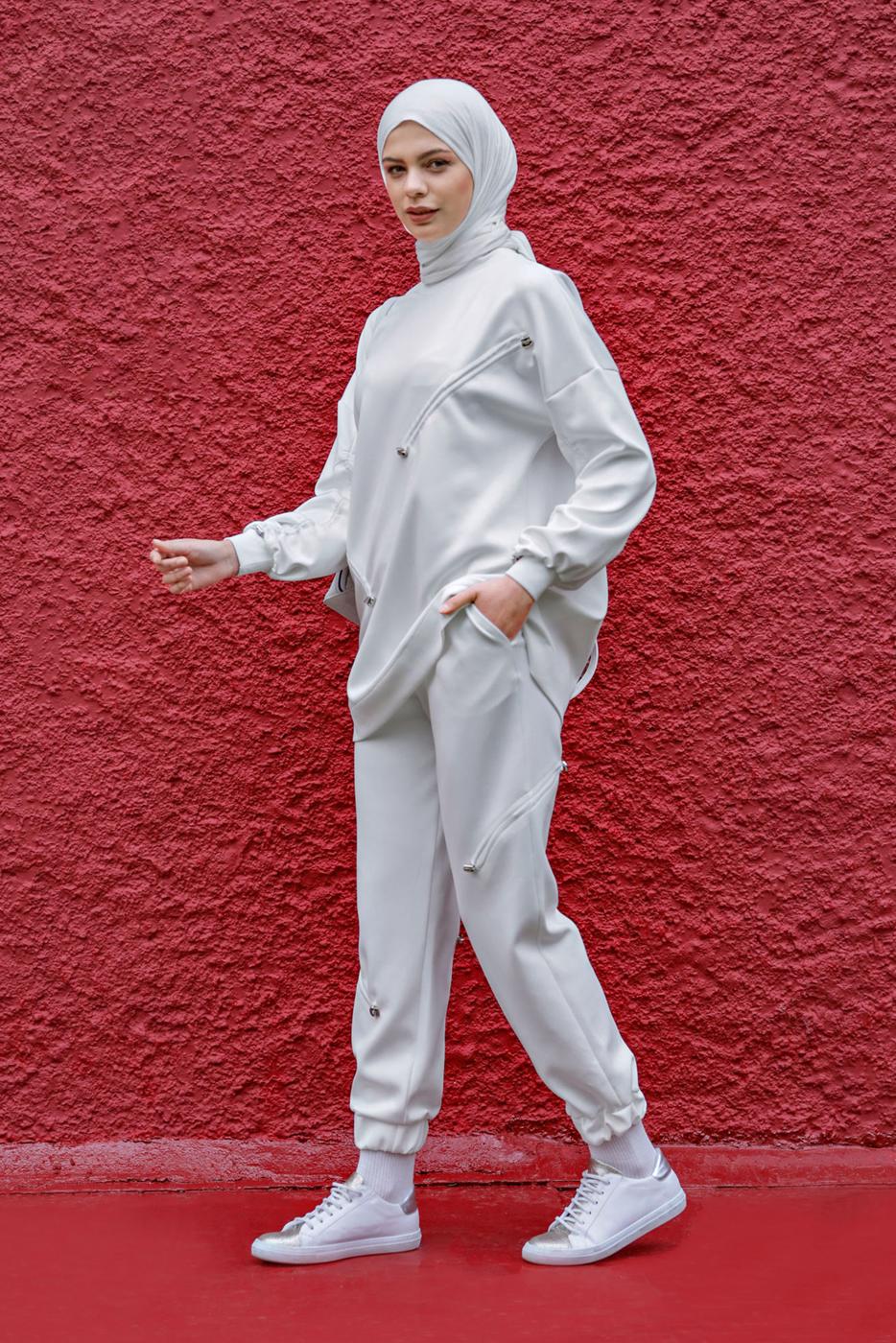 Tesettür giyim BEYAZ BÜZGÜ DETAYLI İKİLİ PANTOLONLU TAKIM 57402